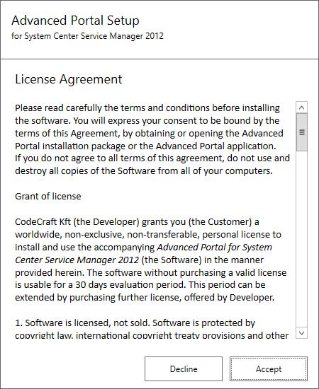 SCSM Advanced Portal - License Agreement