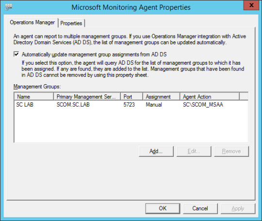 SCSM SCOM Agent Error - Microsoft Monitoring Agent Properties