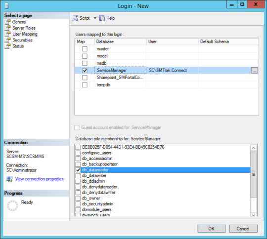 SQL Server - User Mapping (ServiceManager)